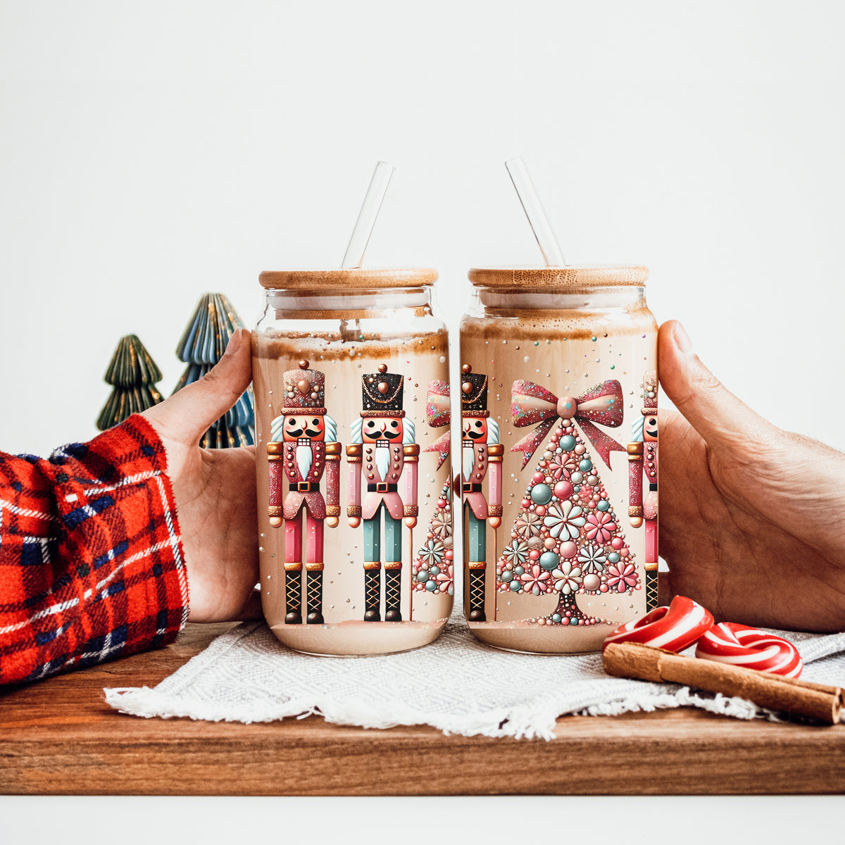 Sparkly Christmas coffee mug – glass cup with pink, teal, gold accents and glitter
Festive holiday coffee cup – boho Nutcracker soldiers with Christmas tree wrap